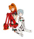  2girls alternate_costume arched_back ayanami_rei bangs blue_eyes blue_hair bodysuit expressionless hair_ornament legs_together legs_up long_hair looking_at_viewer multiple_girls nangcha neon_genesis_evangelion open_mouth orange_hair pigeon-toed plugsuit red_eyes short_hair simple_background sitting skinny souryuu_asuka_langley two_side_up wariza white_background 