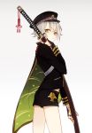  1boy cape green_eyes hat hotarumaru looking_back male_focus ootachi shorts silver_hair sword touken_ranbu weapon wonkrin 