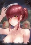  1girl brown_eyes brown_hair folded_ponytail kfr long_hair monkey onsen smile solo 