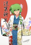  1girl :d alternate_costume alternate_hairstyle asymmetrical_hair floral_print flower frog_hair_ornament green_eyes green_hair hair_flower hair_ornament happy_new_year kochiya_sanae long_hair looking_at_viewer new_year obi open_mouth sash side_ponytail smile snake_hair_ornament solo tebukuro_withana touhou translated 