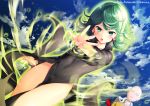  1girl 2016 :o artist_name bald black_dress black_eyes blue_sky blush bodysuit cape collar collarbone covered_navel cowboy_shot curly_hair dress dutch_angle expressionless floating_rock green_eyes green_hair hips kaho_okashii levitation long_sleeves looking_at_viewer onepunch_man open_mouth outstretched_arm palms red_glove saitama_(onepunch_man) short_hair sky tatsumaki 