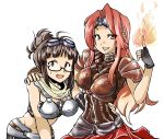  2girls akizuki_ritsuko armor brown_eyes brown_hair chandra_nalaar fire folded_ponytail glasses goggles goggles_on_head grin hand_on_another&#039;s_hip hand_on_another&#039;s_shoulder idolmaster long_hair magic:_the_gathering midriff multiple_girls red_eyes redhead shisotex shoulder_pads simple_background smile sweatdrop white_background 