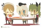  3girls ^_^ anchovy beret blue_eyes brown_eyes brown_hair cape chameleon_man_(three) chibi closed_eyes crossover drill_hair eating food food_on_face fork girls_und_panzer giuseppina_ciuinni green_hair hair_ribbon hat headdress kantai_collection littorio_(kantai_collection) military military_uniform multiple_girls pasta ribbon smile strike_witches trait_connection uniform white_background white_hair 
