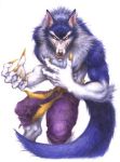  belt claws clenched_teeth colored_pencil_(medium) fur gallon looking_at_viewer pants pose purple_pants ribbon tail toku_nami traditional_media vampire_(game) werewolf white_background yellow_ribbon 