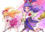  2girls asahina_mirai black_boots black_gloves blonde_hair boots bow brooch broom broom_riding capelet chocokin cure_magical cure_miracle elbow_gloves gloves hair_bow hairband half_updo hat izayoi_liko jewelry knee_boots long_hair magical_girl mahou_girls_precure! mini_hat multiple_girls pink_bow pink_skirt ponytail precure purple_hair purple_skirt red_bow signature skirt smile twintails violet_eyes white_boots white_gloves 