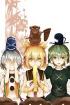  3girls akaiha_(akaihagusk) covered_ears covered_eyes covered_mouth looking_at_viewer monkey mononobe_no_futo multiple_girls ritual_baton sitting sitting_on_head sitting_on_person soga_no_tojiko touhou toyosatomimi_no_miko 