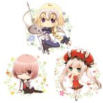  3girls arm_support armor armored_dress blush bow chibi fate/grand_order fate_(series) flag glasses gloves hair_bow hat headpiece kujiran looking_at_viewer marie_antoinette_(fate/grand_order) multiple_girls red_gloves ruler_(fate/apocrypha) shielder_(fate/grand_order) sitting smile 