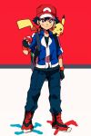  1boy backpack bag baseball_cap black_hair brown_eyes chokota hat holding holding_poke_ball looking_at_viewer male_focus multicolored_background on_shoulder pikachu poke_ball pokemon pokemon_(anime) pokemon_(creature) satoshi_(pokemon) shoes simple_background smile sneakers solo whisker_markings 