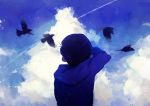  1boy arm_up back bird blue_hair blue_sky blurry clouds cloudy_sky condensation_trail depth_of_field hood_down hoodie long_sleeves male_focus matsuno_karamatsu osomatsu-kun osomatsu-san shokubutsu_yu sky solo taking_picture upper_body 