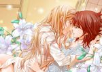  2girls blonde_hair breasts brown_hair cleavage donut_(lily_love) earrings face-to-face flower jewelry lily_(flower) lily_love looking_at_another mew_(lily_love) multiple_girls no_pants open_mouth ratana_satis yuri 