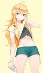 1girl ahoge bottle commentary_request dated green_eyes hoshii_miki hot idolmaster long_hair looking_at_viewer midriff nagian navel shirt short_shorts shorts solo sweat t-shirt tank_top very_long_hair wiping_sweat yellow_background 