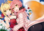  2girls ahoge animal_ears ass blonde_hair blush breasts caster_(fate/extra) cleavage clouds fate/extra fate_(series) flower fox_ears fox_tail green_eyes hair_ribbon kou_mashiro large_breasts looking_back multiple_girls open_mouth pink_hair ribbon rose saber_extra scrunchie short_hair sky tail yellow_eyes 