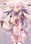  1girl 2016 animal_ears bare_shoulders blush breasts fang gloves hair_ribbon happy_new_year headgear highres large_breasts long_hair midriff navel new_year open_mouth original pink_eyes ribbon solo tail tougetsu_gou under_boob white_gloves white_hair white_legwear 