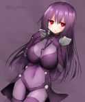  1girl blush bodysuit breasts commentary_request covered_navel fate/grand_order fate_(series) kujiran large_breasts long_hair looking_away pauldrons purple_background purple_hair red_eyes scathach_(fate/grand_order) solo twitter_username 