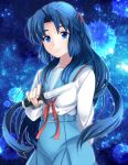 1girl asakura_ryouko blue_eyes blue_hair knife long_hair nao_(doublexdutch) school_uniform smile solo suzumiya_haruhi_no_yuuutsu 