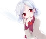  1girl bow bowtie covering_mouth dress jacket kishin_sagume long_sleeves name_(oiuio) purple_dress red_eyes short_hair silver_hair single_wing solo touhou wings 
