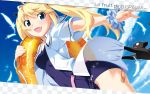  1girl blonde_hair blue_eyes blue_ribbon breasts cat covered_nipples feet grisaia_no_kajitsu hair_ribbon highres long_hair matsushima_michiru open_clothes open_mouth open_shirt outdoors ribbon school_swimsuit see-through shirt solo swimsuit white_shirt 