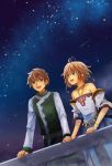 1boy 1girl brown_eyes brown_hair detached_sleeves dress feng_you flat_chest green_eyes holding_hands open_mouth outdoors sakura_hime short_hair sky star_(sky) starry_sky strapless_dress tsubasa_chronicle xiaolang 