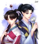  1boy 1girl bangs black_hair blue_eyes character_request closed_fan earrings eyeshadow fan feathers flower folding_fan hair_feathers hair_ornament half-closed_eyes high_ponytail holding inuyasha japanese_clothes jewelry jsr kagura_(inuyasha) kimono lipstick long_hair makeup parted_bangs pearl_earrings pointy_ears ponytail red_eyes red_lips red_lipstick short_ponytail signature sword upper_body weapon 