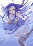  1girl bird blood blue_hair blush chobi_(penguin_paradise) heart kisaragi_chihaya long_hair solo thigh-highs wings 