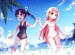  2girls beach black_hair black_swimsuit blonde_hair blue_eyes blue_sky clouds hair_ribbon hairband hands_together lolita_hairband long_hair multiple_girls ocean one-piece_swimsuit open_mouth original palm_tree red_eyes revision ribbon side_ponytail sky smile swimsuit tree very_long_hair water white_swimsuit yan_(nicknikg) 
