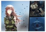  1girl broken brown_hair comic commentary_request injury kantai_collection long_hair looking_at_viewer machinery ooi_(kantai_collection) petals pink_eyes school_uniform serafuku silent_comic smile solo torn_clothes twitter_username uzutama wind 