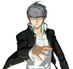  1boy black_jacket glasses grey_eyes grey_hair highres jacket looking_at_viewer narukami_yuu persona persona_4 shirt short_hair simple_background smile solo white_background white_shirt 