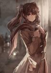  1girl blurry blush bokeh depth_of_field highres koruse long_hair looking_at_viewer monochrome original scarf sepia sketch solo twintails 