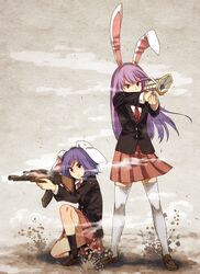  2girls aiming animal_ears black_legwear full_body gun jacket kneehighs long_hair long_sleeves lunatic_gun multiple_girls necktie purple_hair rabbit_ears red_eyes reisen reisen_udongein_inaba serious shirt shoes short_hair skirt squatting thigh-highs touhou urin weapon white_legwear zettai_ryouiki 