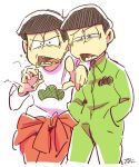  2boys arm_on_shoulder artist_name brothers brown_hair clothes_around_waist cowboy_shot hands_in_pockets jumpsuit long_sleeves male_focus matsuno_choromatsu matsuno_osomatsu multiple_boys open_mouth osomatsu-kun osomatsu-san pointing pointing_at_viewer pulaco sharp_teeth siblings simple_background white_background 