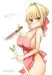 1girl ahoge apron blonde_hair blush breasts cleavage fate/extra fate_(series) green_eyes hair_ribbon knife kujiran large_breasts looking_at_viewer naked_apron ribbon saber_extra short_hair solo spring_onion translation_request twitter_username 