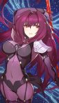  1girl bodysuit covered_navel fate/grand_order fate_(series) gae_bolg highres long_hair parted_lips pauldrons polearm purple_hair red_eyes saitou_naoki scathach_(fate/grand_order) solo spear weapon 