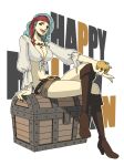  alternate_costume blue_hair boots breasts cleavage food fruit happy_halloween kyakya long_hair nail_polish nojiko one_piece orange simple_background sitting solo tattoo treasure_chest white_background 