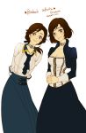  2girls 9gui2 arms_behind_back bioshock bioshock_infinite blue_eyes breasts brown_hair character_name choker cleavage copyright_name dress dual_persona elizabeth_(bioshock_infinite) hands_clasped korean multiple_girls ponytail skirt smile translation_request 