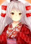  1girl amatsukaze_(kantai_collection) blush bokokichi_(you) brown_eyes commentary_request hair_tubes highres japanese_clothes kantai_collection kimono long_hair looking_at_viewer obi sash silver_hair smile solo two_side_up 
