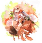  1girl 60mai bike_shorts domino_mask floral_print grin inkling japanese_clothes kimono looking_at_viewer mask one_eye_closed red_eyes redhead sash smile solo splatoon squid super_soaker tentacle_hair yukata 