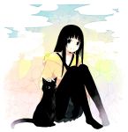  1girl black_cat black_hair black_legwear blue_eyes cat chito_(flying_witch) clouds collarbone copyright_name floral_background flying_witch highres hoodie kowata_makoto long_hair looking_at_viewer no_shoes pantyhose petting run723 sidelocks sitting skirt sky smile 