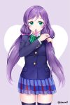  1girl adjusting_hair breasts green_eyes long_hair love_live!_school_idol_project mouth_hold purple_hair school_uniform shainea smile solo thigh-highs toujou_nozomi twintails tying_hair 