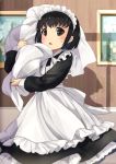  1girl akame_(akamiru) apron bangs black_dress black_eyes black_hair blanket blush bob_cut carrying_over_shoulder dress frame frills highres holding indoors long_hair long_sleeves looking_at_viewer maid maid_headdress shadow shirley shirley_medison short_hair solo white_apron 