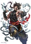  1boy brown_hair cannon_dancer chain fingerless_gloves gloves hair_over_one_eye indesign kirin_(cannon_dancer) long_hair muscle red_eyes strider_(video_game) 