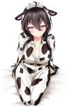  1girl ahoge animal_costume antenna_hair arm_support bed bed_sheet beifeng_han black_hair breasts collarbone cow_costume cow_horns cow_print from_behind horns large_breasts long_hair looking_at_viewer miyaura_sanshio original pajamas seiza sitting sleeves_past_wrists smile solo violet_eyes 