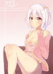 1girl barefoot breasts collarbone couch hair_between_eyes hand_on_own_chest highres light_smile looking_at_viewer loungewear on_couch orange_eyes original short_hair shorts silver_hair sitting sleeves_past_wrists sudale 