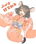  1girl alternate_costume animal_ears brown_eyes floral_print grey_hair happy_new_year japanese_clothes kimono long_sleeves mayoln mouse_ears nazrin new_year obi open_mouth sash smile solo touhou translated wide_sleeves 