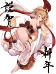  1girl anchira_(granblue_fantasy) ass back bare_shoulders barefoot blonde_hair breasts detached_sleeves from_behind granblue_fantasy hair_ornament highres looking_at_viewer looking_back new_year one_eye_closed red_eyes short_hair solo wankoo-mikami 
