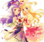  2girls :d asahina_mirai black_gloves black_hat blonde_hair bow brooch cowboy_shot cure_magical cure_miracle earrings elbow_gloves gloves hair_bow half_updo happy holding_hands humming1213 izayoi_liko jewelry long_hair looking_at_viewer magical_girl mahou_girls_precure! mini_witch_hat multiple_girls open_mouth pink_bow pink_eyes pink_hat pink_skirt precure purple_hair purple_skirt red_bow skirt smile violet_eyes white_background white_gloves 