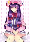  1girl crescent crescent_hair_ornament glasses hair_ornament hair_ribbon hat highres long_hair mob_cap patchouli_knowledge plump purple_hair ribbon shotahunter solo touhou violet_eyes 