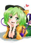  1girl blouse bow chin_rest green_eyes green_hair hands_on_own_face hat hat_bow heart komeiji_koishi looking_at_viewer lying on_stomach shoes short_hair skirt smile socks solo third_eye touhou unya 