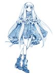  1girl aoki_hagane_no_arpeggio bbb_(friskuser) buttons commentary_request dress hair_ornament highres i-402_(aoki_hagane_no_arpeggio) kneehighs long_hair looking_at_viewer monochrome shoes simple_background solo standing tagme very_long_hair white_background 