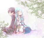  1boy 1girl asuna_(sao) asuna_(sao-alo) back-to-back black_eyes black_hair blue_eyes blue_hair couple kiatsu kirito kirito_(sao-alo) long_hair pointy_ears short_hair sleeping sword_art_online thigh-highs 