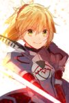  armor blonde_hair fate_(series) long_hair looking_at_viewer ponytail saber_of_red sword weapon white_background 